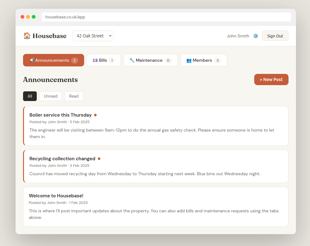 Housebase app showing announcements for a property